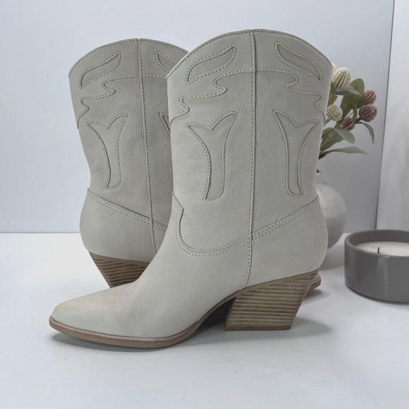 Dolce Vita Liona Leather Western Fringe Ankle Boots Pull On Cream Women's 10 NWD - Picture 6 of 9